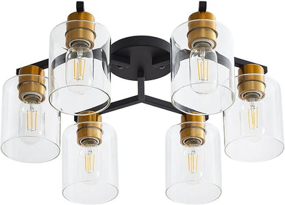 Black and Gold Semi Flush Mount Ceiling Light, 6 Light Vintage Kitchen Ceiling Lighting Fixtures, Large Ceiling Light Fixtures with Clear Glass Shade for Hallway, Living Room, Bedroom, Farmhouse