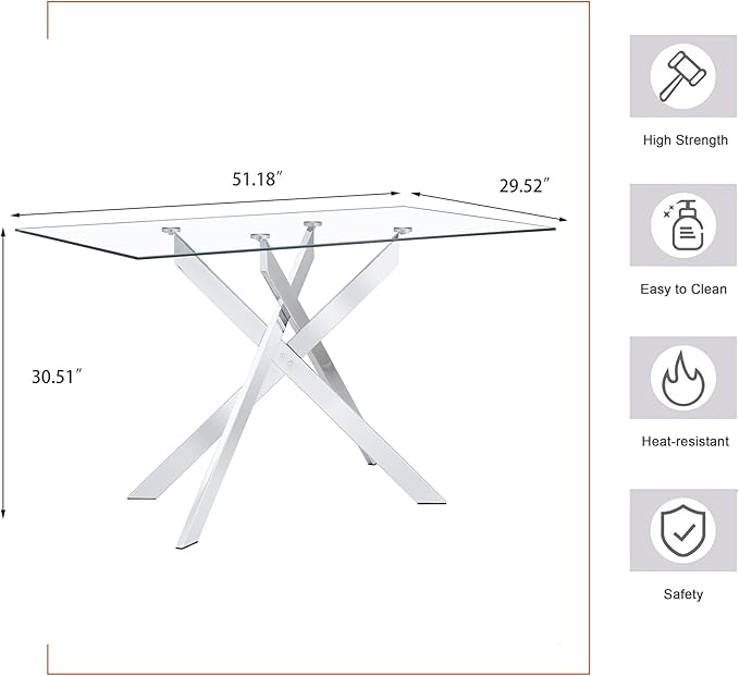 51.18" Rectangular Glass Dining Table, Tempered Glass Kitchen Tabe with Metal Legs, Stylish and Sturdy Dinner Table for Home and Outdoor Dining (Silver, 51.18'')