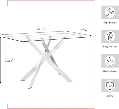 51.18" Rectangular Glass Dining Table, Tempered Glass Kitchen Tabe with Metal Legs, Stylish and Sturdy Dinner Table for Home and Outdoor Dining (Silver, 51.18'')