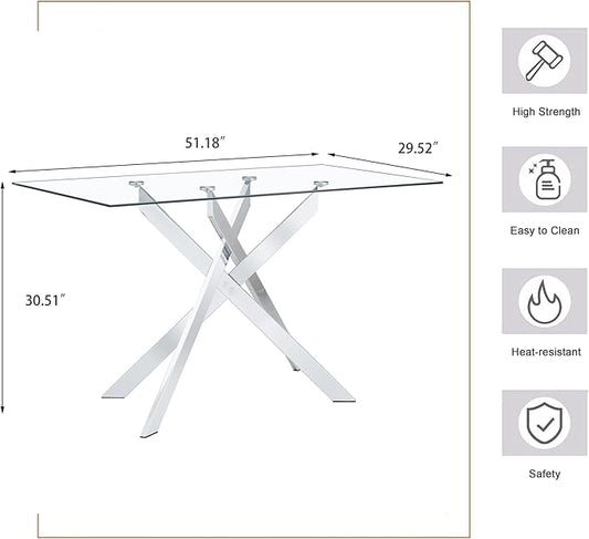 51.18" Rectangular Glass Dining Table, Tempered Glass Kitchen Tabe with Metal Legs, Stylish and Sturdy Dinner Table for Home and Outdoor Dining (Silver, 51.18'')