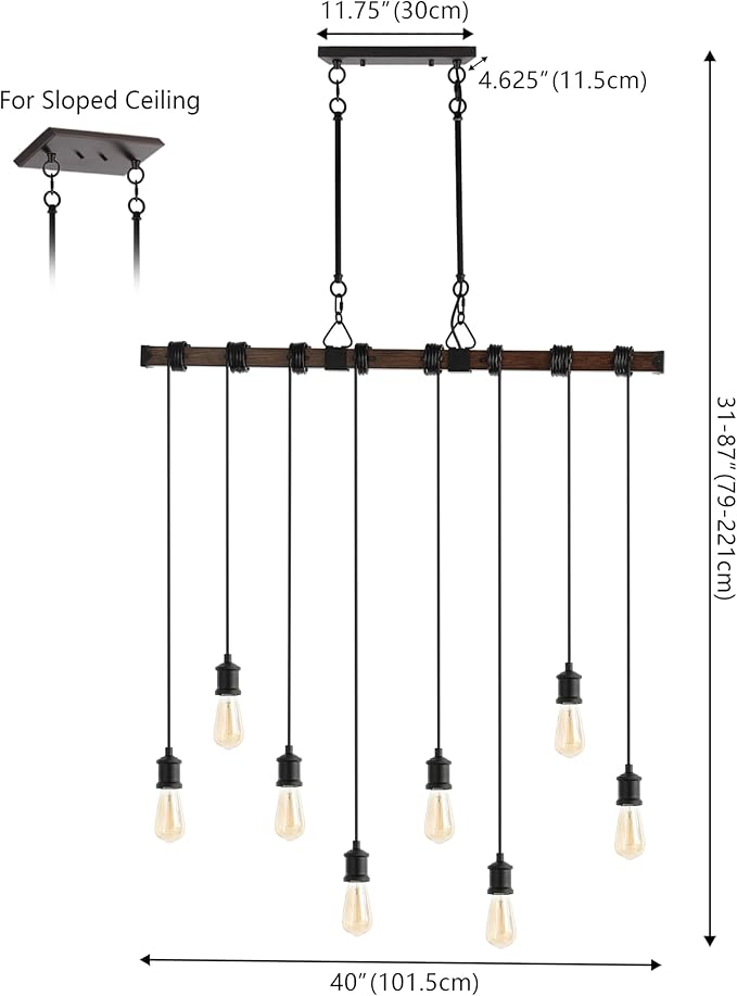 JONATHAN Y 40" Brown Wood Finish and Black 8-Light Iron Linear Chandelier, Vintage Industrial Driftwood Island Light for Dining Room Kitchen Table, LED Bulbs Included JYL1330A