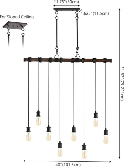 JONATHAN Y 40" Brown Wood Finish and Black 8-Light Iron Linear Chandelier, Vintage Industrial Driftwood Island Light for Dining Room Kitchen Table, LED Bulbs Included JYL1330A