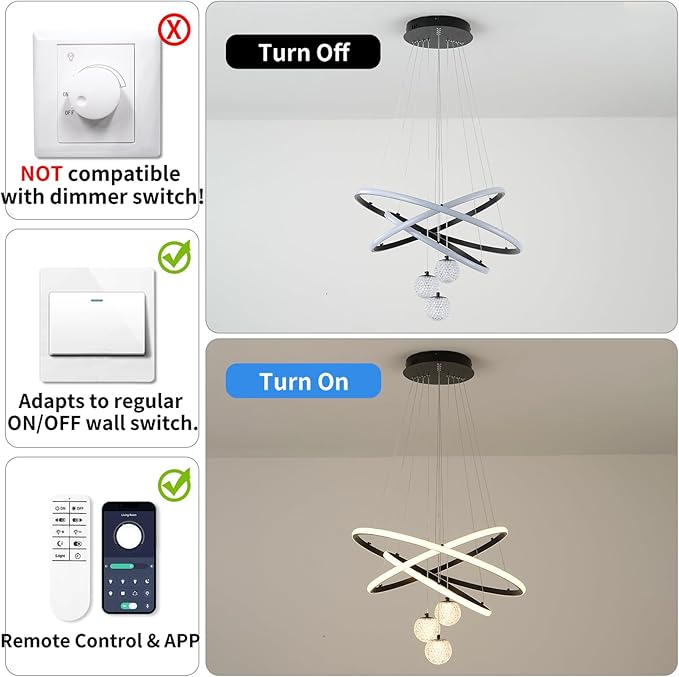 ORANOOR LED Modern 3 Ring Chandeliers for Dining Room, 24in Dimmable Kitchen Pendant Lamp, Black Dining Room Light Fixtures Ceiling Hanging Over Table, Globe Round Chandeliers for Living Room Bedroom