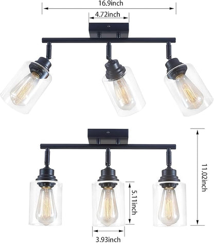 Modern 3-Light Track Lighting Fixtures Ceiling, Light Fixtures Ceiling Mount with Clear Glass Shades, Matte Black Kitchen Ceiling Light Fixtures for Bedroom, Living Room & E26 Base
