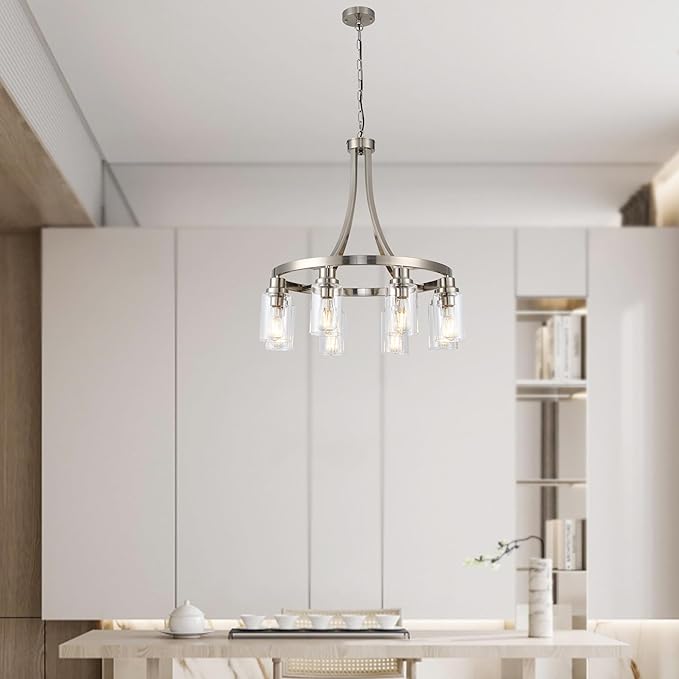 Dining Room Lighting Fixtures Hanging, Brushed Nickel for Kitchen Dining Room Living Room Kitchen Island Linear Pendant 8 Light Chandeliers with Clear Glass Shades