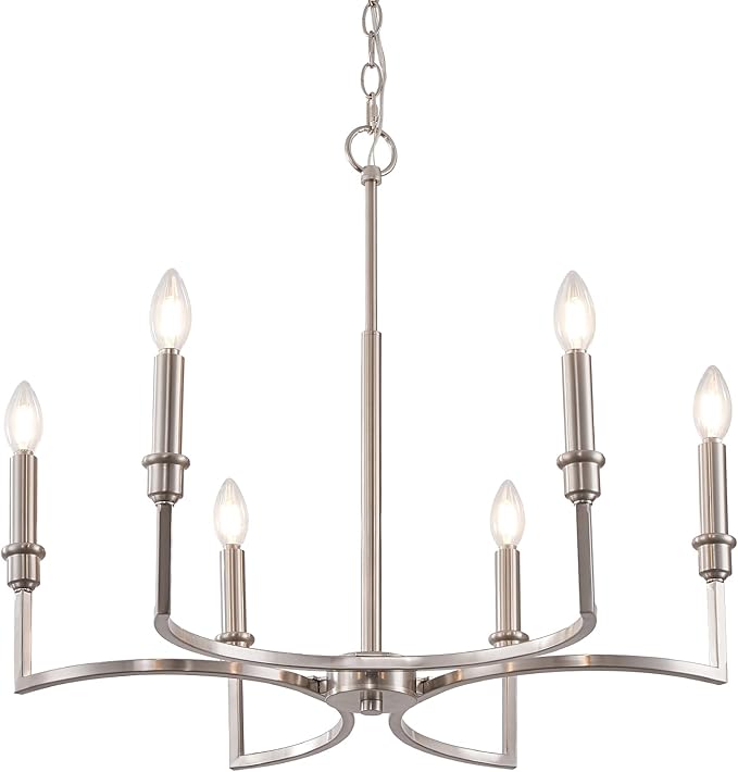 Brushed Nickel Chandelier Light Fixture 6-Light Candle Dining Room Chandelier Lighting Over Table Metal Chandeliers for Bedroom Kitchen Island Foyer Entryway, 26in