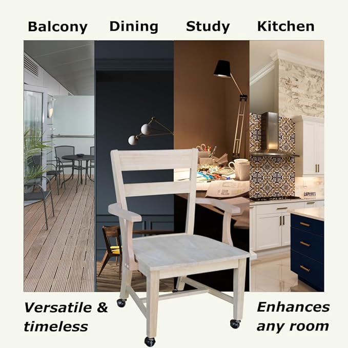 IC International Concepts, Solid Wood Dining Chair with Casters, Unfinished, 225lbs wt capacity, Solid Real Wood, Sturdy Parawood, DIY, Paint/Stain Ready, Unfinished