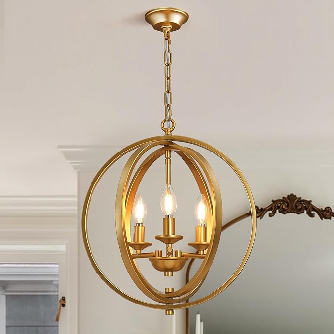 3-Light Modern Gold Pendant Lights, Farmhouse Dining Room Light Fixtures Industrial Chandelier, Metal Geometric Kitchen Island for Entryway Hallway Foyer Bedroom