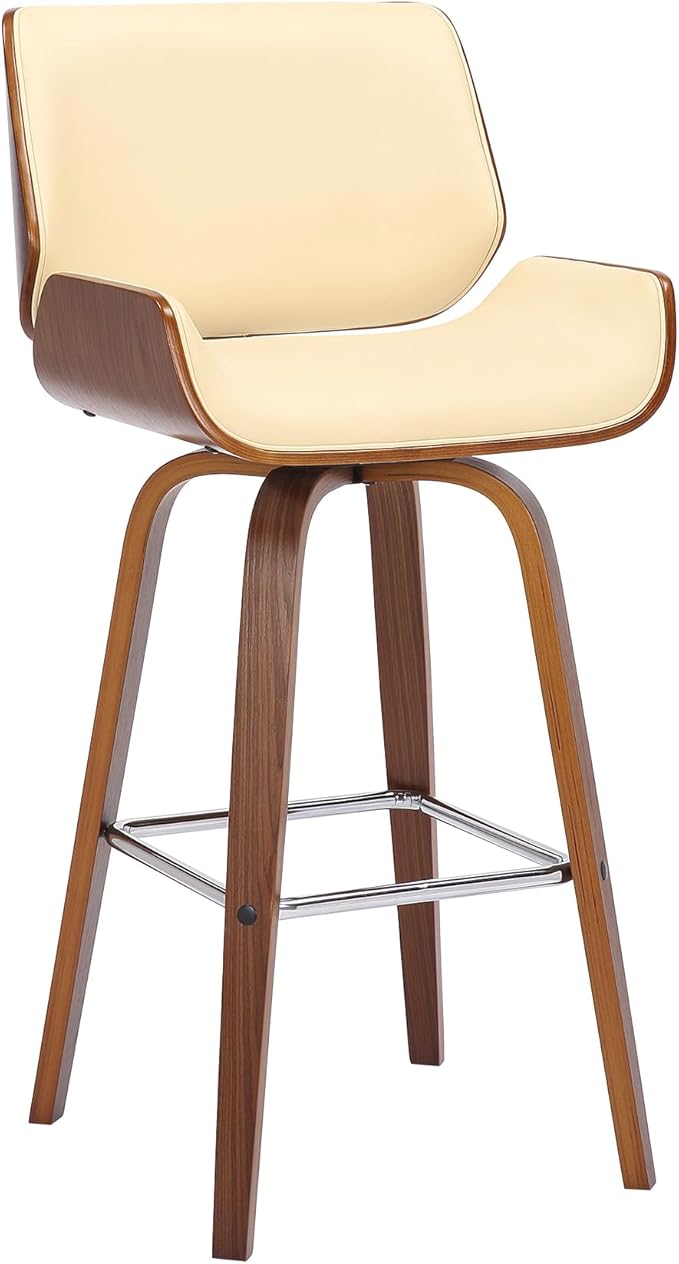 Armen Living Tyler 26" Counter Height Swivel Cream Faux Leather and Walnut Wood Bar Stool - Set of 3