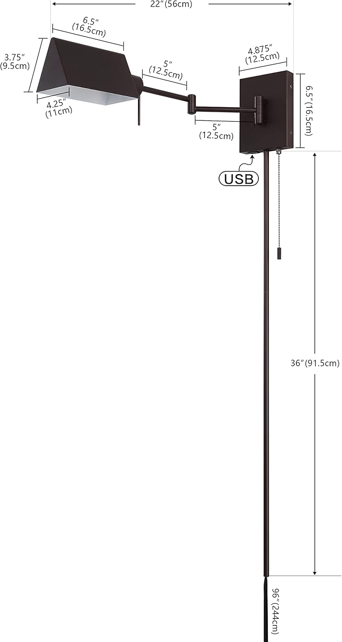 JONATHAN Y 22" Oil Rubbed Bronze 1-Light Swing Arm Wall Sconce, Plug-in or Hardwired with USB Charging Port and Pull Chain, Iron Shade, Industrial LED Reading Lamp JYL6015A