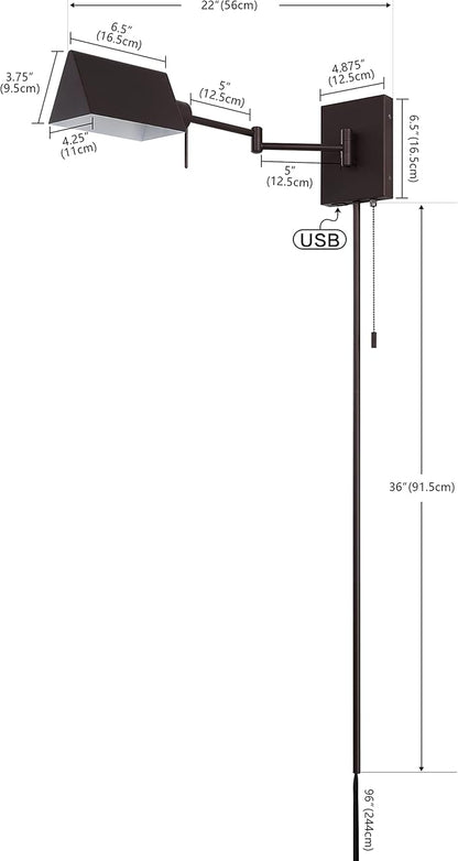 JONATHAN Y 22" Oil Rubbed Bronze 1-Light Swing Arm Wall Sconce, Plug-in or Hardwired with USB Charging Port and Pull Chain, Iron Shade, Industrial LED Reading Lamp JYL6015A