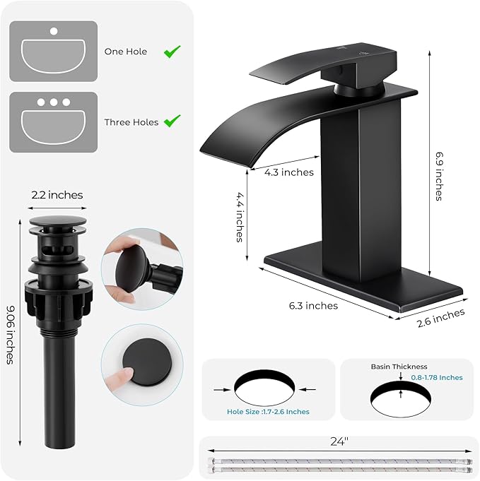 2 Pack Black Bathroom Faucets, Waterfall Bathroom Sink Faucet Modern Single Handle Bathroom Faucte 1 or 3 Hole, RV Mixer Tap Vanity Faucet - Includes Pop-up Drain Supply Hoses Deck Plate