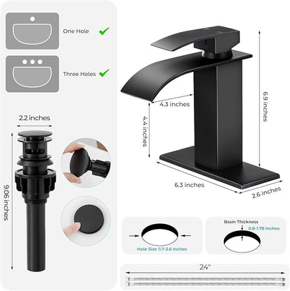 Matte Black Bathroom Faucets, Waterfall Bathroom Sink Faucet Modern Single Handle Bathroom Faucte 1 or 3 Hole, RV Mixer Tap Vanity Faucet - Includes Pop-up Drain Supply Hoses Deck Plate