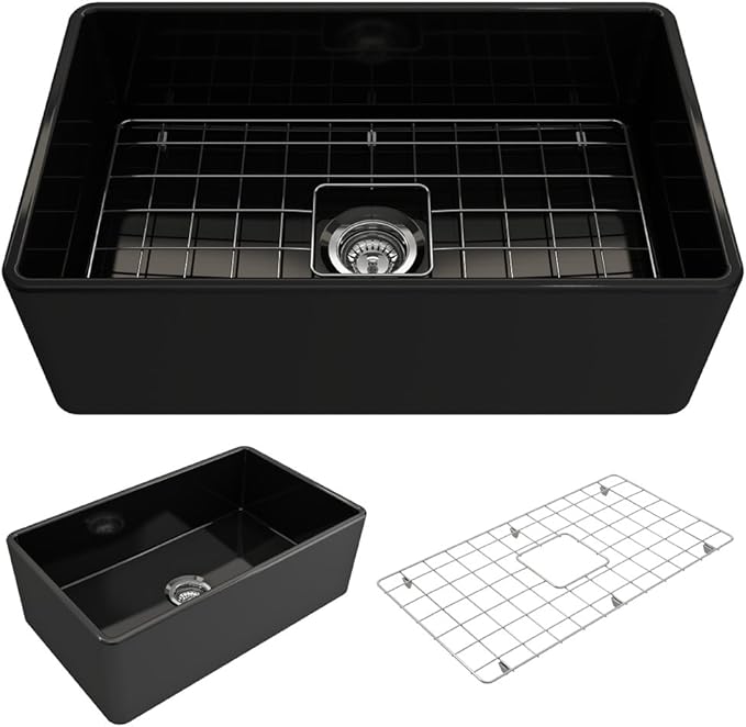 BOCCHI Classico Farmhouse Apron Front Fireclay 30 in. Single Bowl Kitchen Sink with Protective Bottom Grid and Strainer in Black