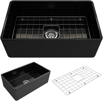BOCCHI Classico Farmhouse Apron Front Fireclay 30 in. Single Bowl Kitchen Sink with Protective Bottom Grid and Strainer in Black