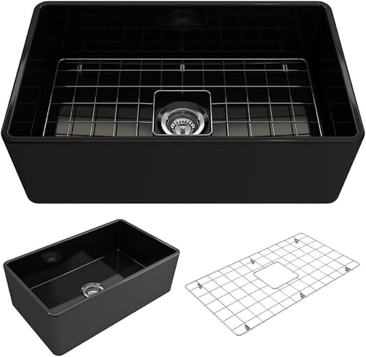 BOCCHI Classico Farmhouse Apron Front Fireclay 30 in. Single Bowl Kitchen Sink with Protective Bottom Grid and Strainer in Black