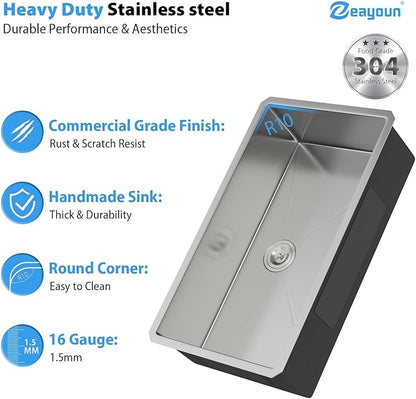 33 Inch Undermount Kitchen Sink 16 Gague Stainless Steel Single Bowl Handmade Kitchen Sinks Large Deep Under Counter Basin 33"x19"x9"