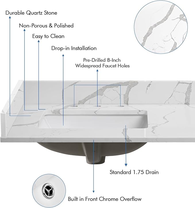 36 in.W x 22 in.D Quartz Calacatta River Vanity Top,with Undermount Left Offset Sink Vanity Top,with Two Sidesplash & One Backsplash,8 Inch Faucet Hole Spread Bathroom Vanity Sink Countertop