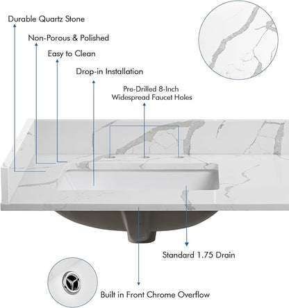 36 in.W x 22 in.D Quartz Calacatta River Vanity Top,with Undermount Left Offset Sink Vanity Top,with Two Sidesplash & One Backsplash,8 Inch Faucet Hole Spread Bathroom Vanity Sink Countertop