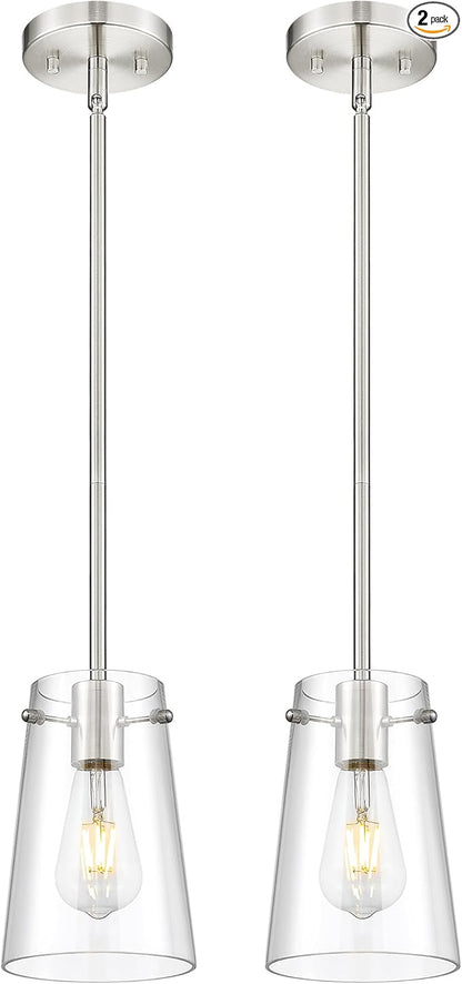 Beionxii Pendant Lights Kitchen Island 2 Pack, Brushed Nickel Hanging Lights Fixtures with Clear Glass, Kitchen Pendant Lighting Over Island, Hanging Lights for Sink Dining Room Entryway BX-PL03BN-2CG