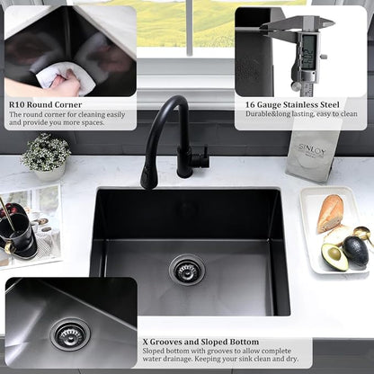 24 Inch Black Laundry Sink Undermount-VASOYO 24x19x13 Black Stainless Steel Laundry Utility Sink Undermount 16 Gauge Single Bowl Deep Kitchen Sinks Laundry Room Utility Sinks with Bottom Grid