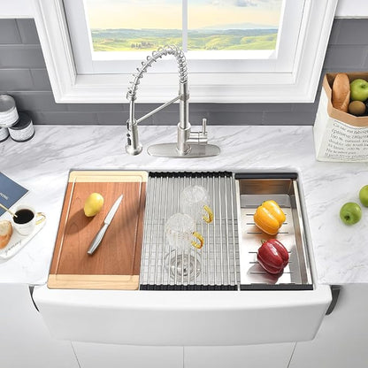 33 Inch White Farmhouse Sink Workstation-VASOYO 33 x 21 Apron Front Farm Sink White Fireclay Farmhouse Kitchen Sinks Workstation Single Bowl Deep Kitchen Sinks Undermount with Cutting Board