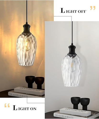 Black Pendant Lights Kitchen Island, 6.3” Hammered Glass Pendant Lights, Hanging Industrial Clear Glass Pendant Light 2-Pack, Farmhouse Kitchen Pendant Light for Dining Room, Bathroom, Cafe
