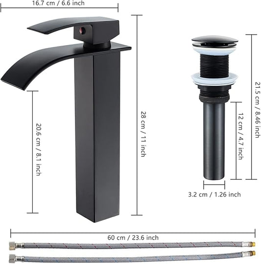 VOTON Vessel Sink Faucet Matte Black Modern Tall Waterfall Bathroom Sink Faucet with Pop-Up Drain Single Handle Bathroom Faucet 1 Hole Bowl Lavatory Vanity Faucet, Rv Sink Camper Farmhouse Faucet