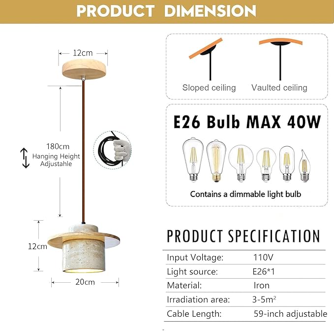 Japanese Wabi sabi Pendant Light with Natural Stone Shade, Dimmable Modern Wood Hanging Lamp Fixture, Adjustable Height Pendant Lamp for Bedroom, Kitchen Island, Dining Room, Restaurant, Cafe, Bar (B)