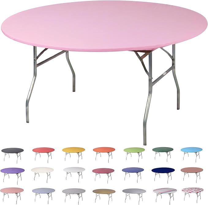 Kwik-Covers 10 Pack of Round Plastic Table Covers - 60" or 72" Round - Indoor or Outdoor Fitted Covers (Tables NOT Included) (Pink, 60" Round)