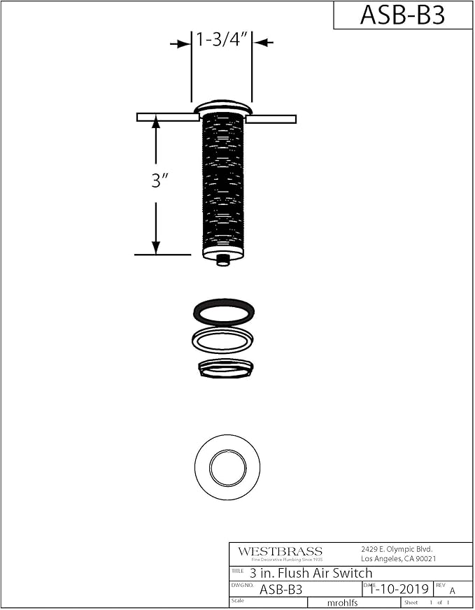 Westbrass ASB-B3-01 Sink Top Waste Disposal Replacement Air Switch Trim Only, Flush Button, Polished Brass
