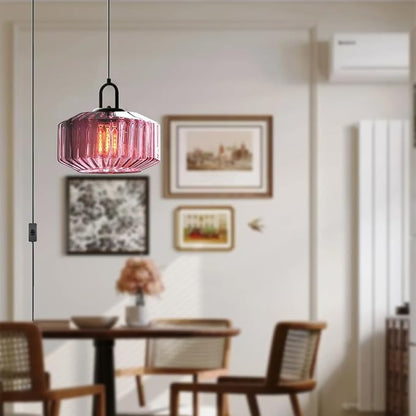 Hanging Pendant Light Plug in Vintage Plug in Hanging Light Fixture with 14.7 ft Cord Purple Striped Glass Shade Pendant Light Plug in Glass for Dining Room Farmhouse Kitchen Island