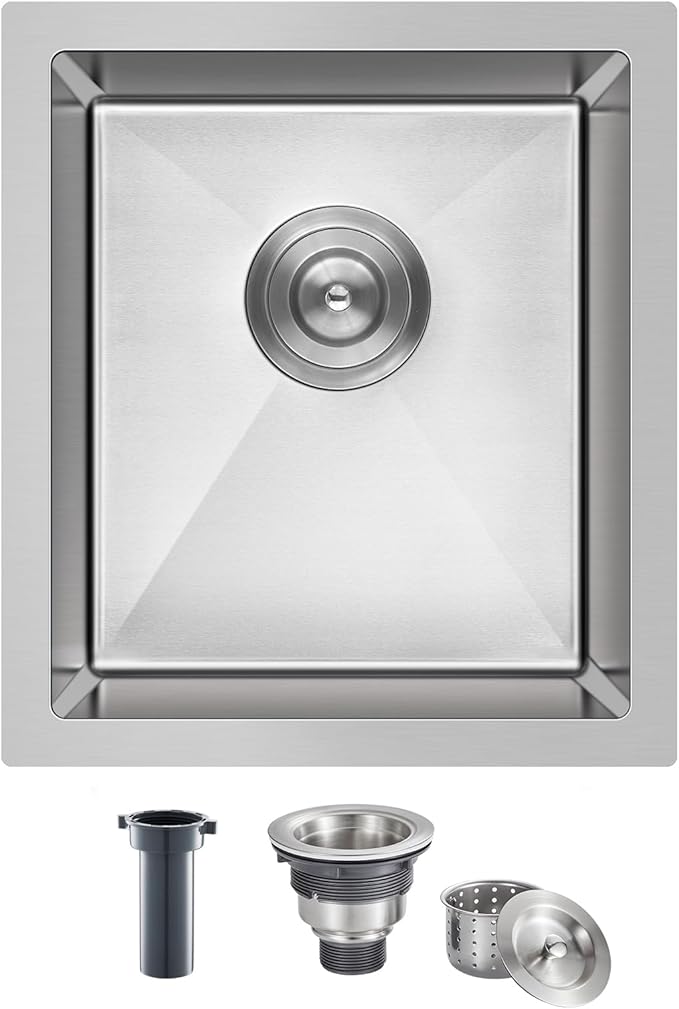 Bar Sink, KINKIB 13 x 15 x 8 inch Undermount Bar Sink or Prep Kitchen Sink, Handmade Kitchen Sink Single Bowl T-304 Stainless Steel Small Sink with Strainer