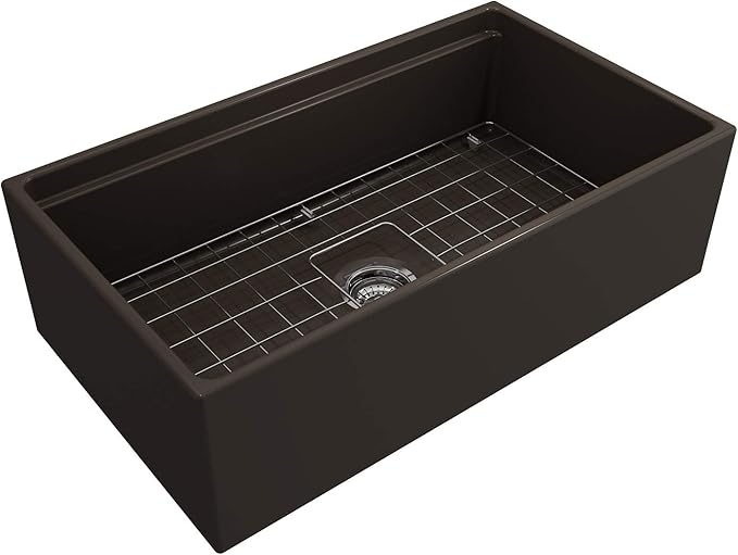 BOCCHI Contempo Workstation Apron Front Step Rim Fireclay 33 in. Single Bowl Kitchen Sink with Accessories in Matte Brown