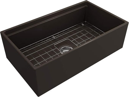 BOCCHI Contempo Workstation Apron Front Step Rim Fireclay 33 in. Single Bowl Kitchen Sink with Accessories in Matte Brown