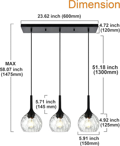 VINLUZ Linear 3-Light Hanging Pendant Kitchen Island Light in Black Finish, Modern Chandelier with Round Ribbed Glass Shades for Dining Room and Hallway