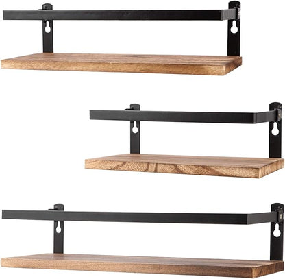 PHUNAYA Floating Shelves Rustic Wood Wall Mounted Shelf Practical Metal Fence Design Ideal for Bedroom, Bathroom, Kitchen Set of 3(Carbonized Black)