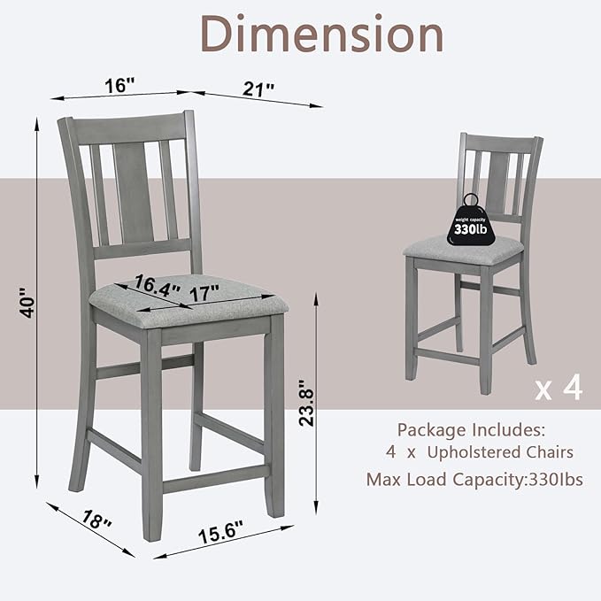 Set of 4 Dining Chairs, Wooden Kitchen Chairs with Padded Cushion, Upholstered Stools for Kitchen Island, Dining Room, Living Room, Easy Assembly (Gray - Slatted backrest)