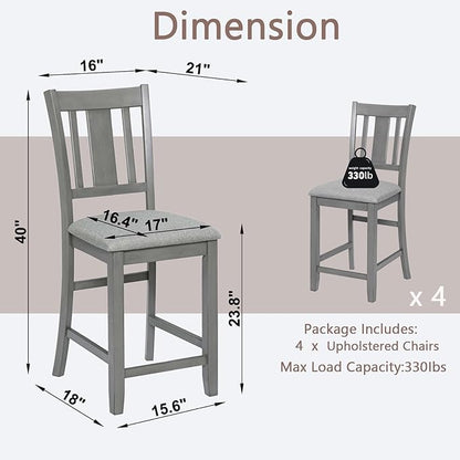 Set of 4 Dining Chairs, Wooden Kitchen Chairs with Padded Cushion, Upholstered Stools for Kitchen Island, Dining Room, Living Room, Easy Assembly (Gray - Slatted backrest)