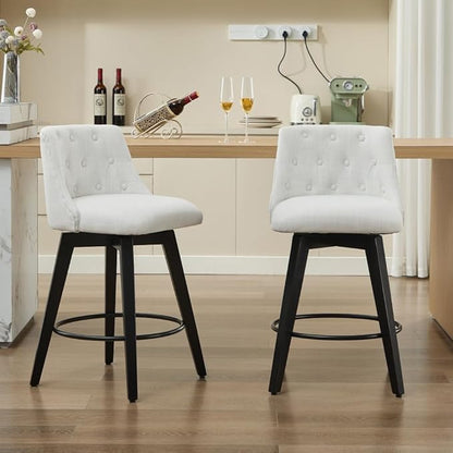 Swivel Counter Chairs, Modern Linen Fabric with Button-Tufted Backrest, Stylish Bar Stools, Set of 2 for Bar, Kitchen Island, Dining Room, White (White + Linen + Foam)