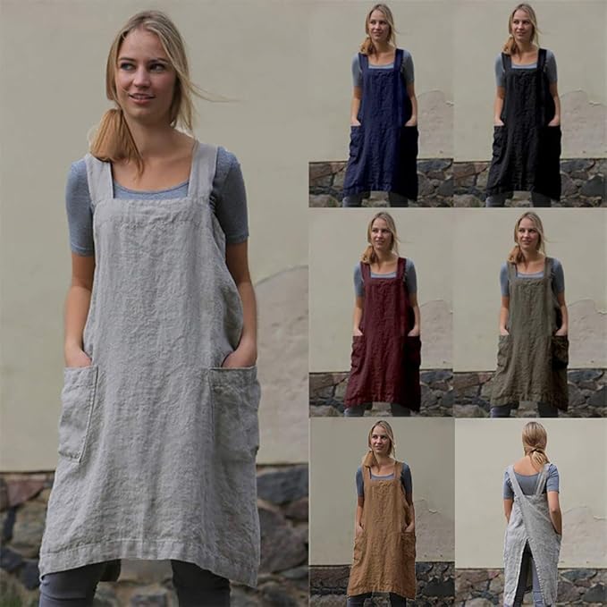 Larmliss Women's Pinafore Square Apron Baking Cooking Gardening Works Cross Back Cotton/Linen Blend Dress with 2 Pockets