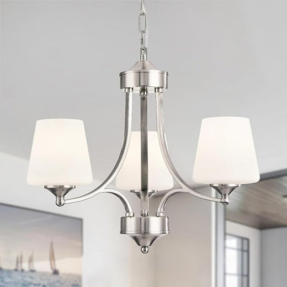Brushed Nickel Dining Room Light Modern Sliver Chandelier with Frosted Glass, 3-Light Metal Farmhouse Kitchen Island Light Fixtures E26 Hanging Pendent Lighting for Living Room, Kitchen, Foyer