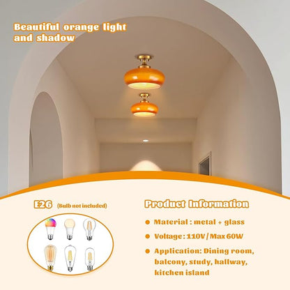 Mid Century Modern Semi Flush Mount Ceiling Light, Orange Vintage Glass Ceiling Lamp for Kitchen Hallway Living Room Entryway Bathroom Light Fixture