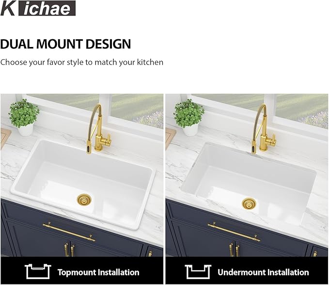 Kichae 30 Inch White Undermount Sink Fireclay 30x18 Inch Dual Drop in & Undermount Kitchen Sink Porcelain Ceramic Single Bowl Deep Basin
