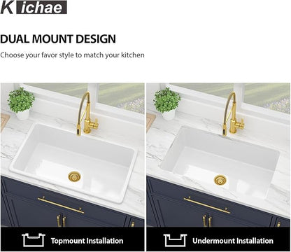Kichae 30 Inch White Undermount Sink Fireclay 30x18 Inch Dual Drop in & Undermount Kitchen Sink Porcelain Ceramic Single Bowl Deep Basin