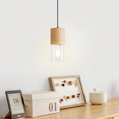 2-Pack Modern Pendant Lights for Kitchen Island, Adjustable Pendant Light Fixtures with Raw Wood Grain, Industrial Clear Glass Pendant Lights for Dining Table Hallway Bedroom Living Room