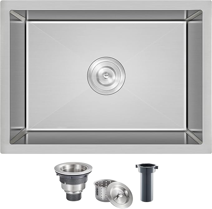 MENATT 22 inch Undermount Kitchen Sink, 22" x 18" Single Bowl Kitchen Sink Undermount Stainless Steel Handmade Bar Sink with Basket Strainer(Brushed)