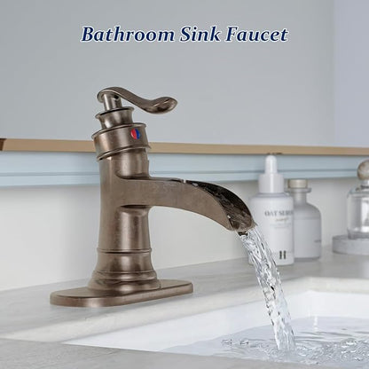 BWE Copper Bathroom Faucet Antique Brass Sink Vanity Basin Single Handle with Pop up Drain Assembly Waterfall Rose Mixer Tap One Hole Lever with Overflow Deck Mount Commercial