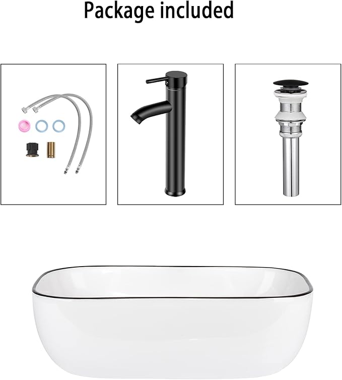 Bathroom Vessel Sink with Faucet Combo, 18" x 13" White Ceramic Above Counter Basin with Black Rim, Modern Rectangular Porcelain Vanity Sink & Pop-Up Drain for Lavatory