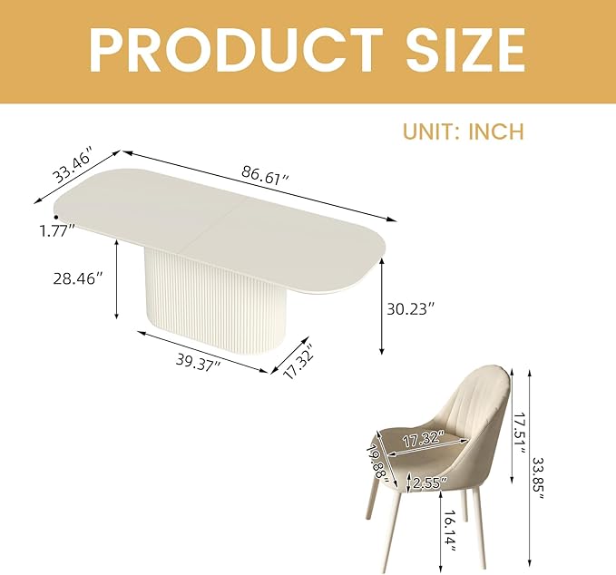Miuuod 86.61" 9-Piece Oval Dining Table Set with 8 Upholstered Chairs Minimalist Kitchen Furniture Large Family Gathering for Dining Room,Home Office,Living Room Furniture,Cream White